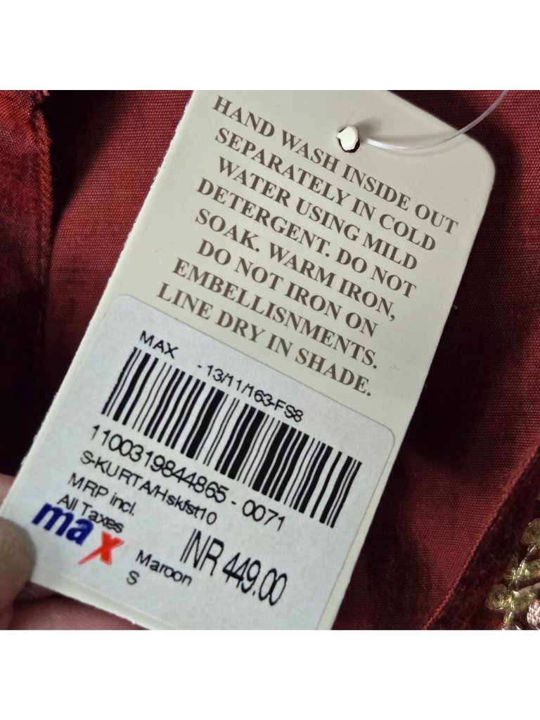 Max Size S 100% Silk 3/4 Sleeve Maroon Top Gold Embroidery — image 5 of 8